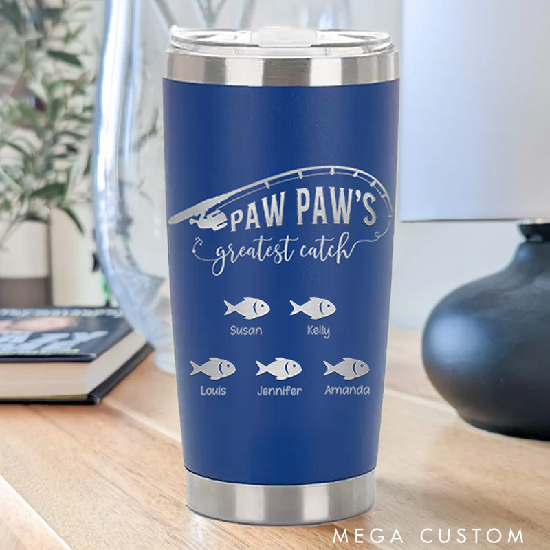 Personalized Greatest Catch Stainless Steel Tumbler with Fish and Fishing Rod design Perfect Gift for Fishing Lover