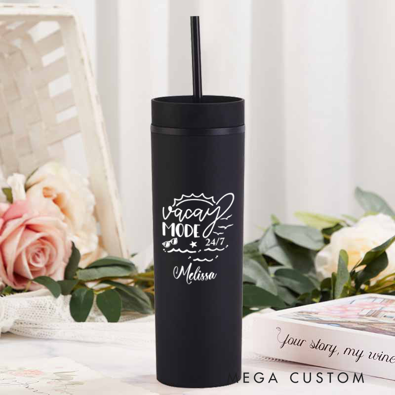 Personalized Vacay Mode Skinny Tumbler Cups for Traveling Lovers Vacation Gift for Travel Lovers