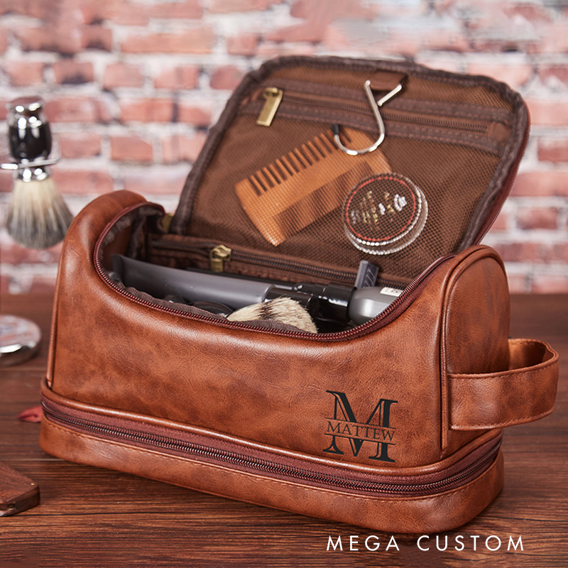 Personalized Dopp Kits For Men Faux Leather Hanging Toiletry Bag Gift For Men Anniversary Gift