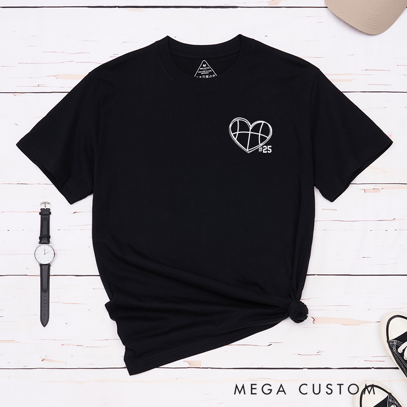 Personalized Basketball Heart T-Shirt with Custom Jersey Number Design