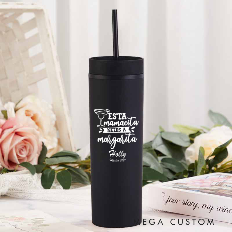 Personalized Esta Mamacita Needs a Margarita Skinny Tumbler Beach Vacation Gift for Traveling Lovers Custom Gift for Travel Lovers
