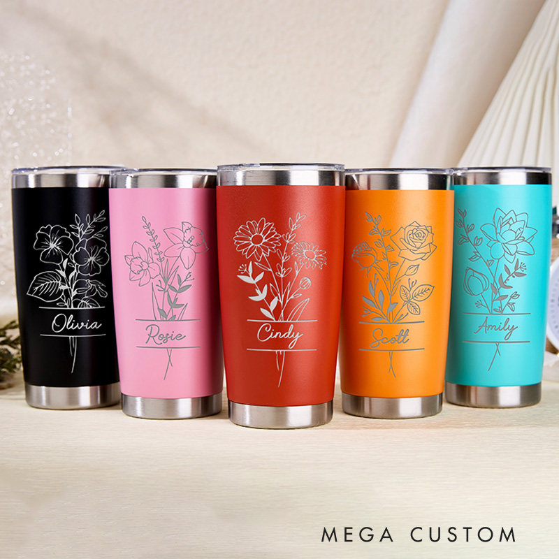 Personalized Birh Flower 20 oz Tumbler Laser Engraved Tumbler Stainless Steel Water Cup