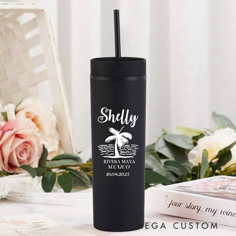 Personalized Beach Vacation Skinny Tumbler Cups for Traveling Lovers Palm Tree Tumbler Gift for Travelers