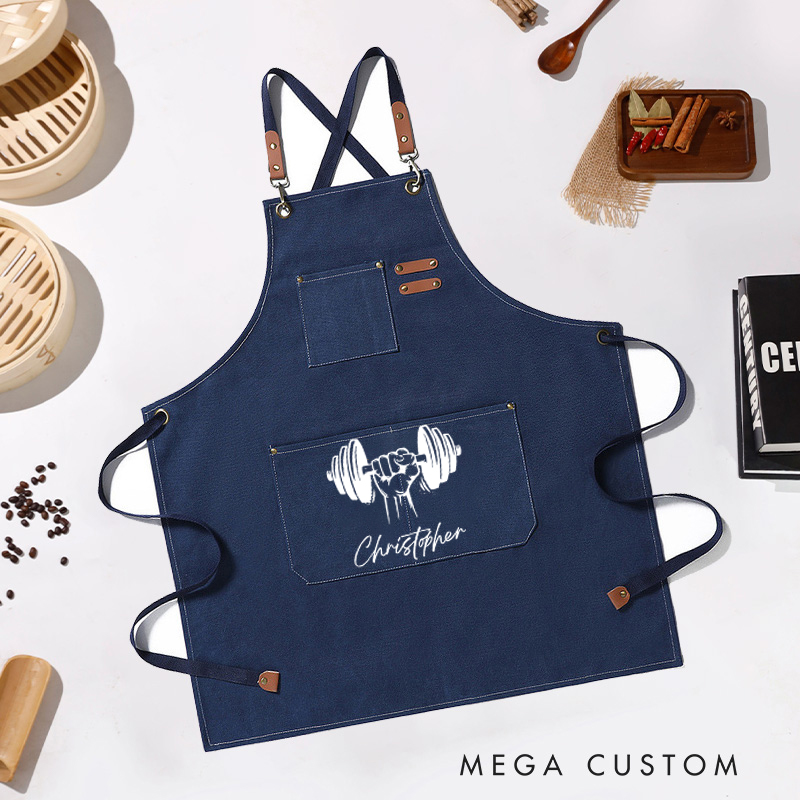 Personalized Gym Lover Canvas Apron with Pockets Housewarming Gift Kitchen Apron with Name Custom Chef Apron New Home Gift Housewarming Gift