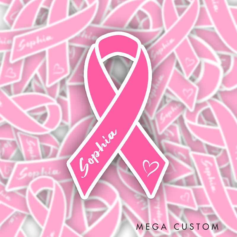 Personalized Pink Ribbon Sticker with Heart Accent for Breast Cancer Awareness and Supportive Style Stickers