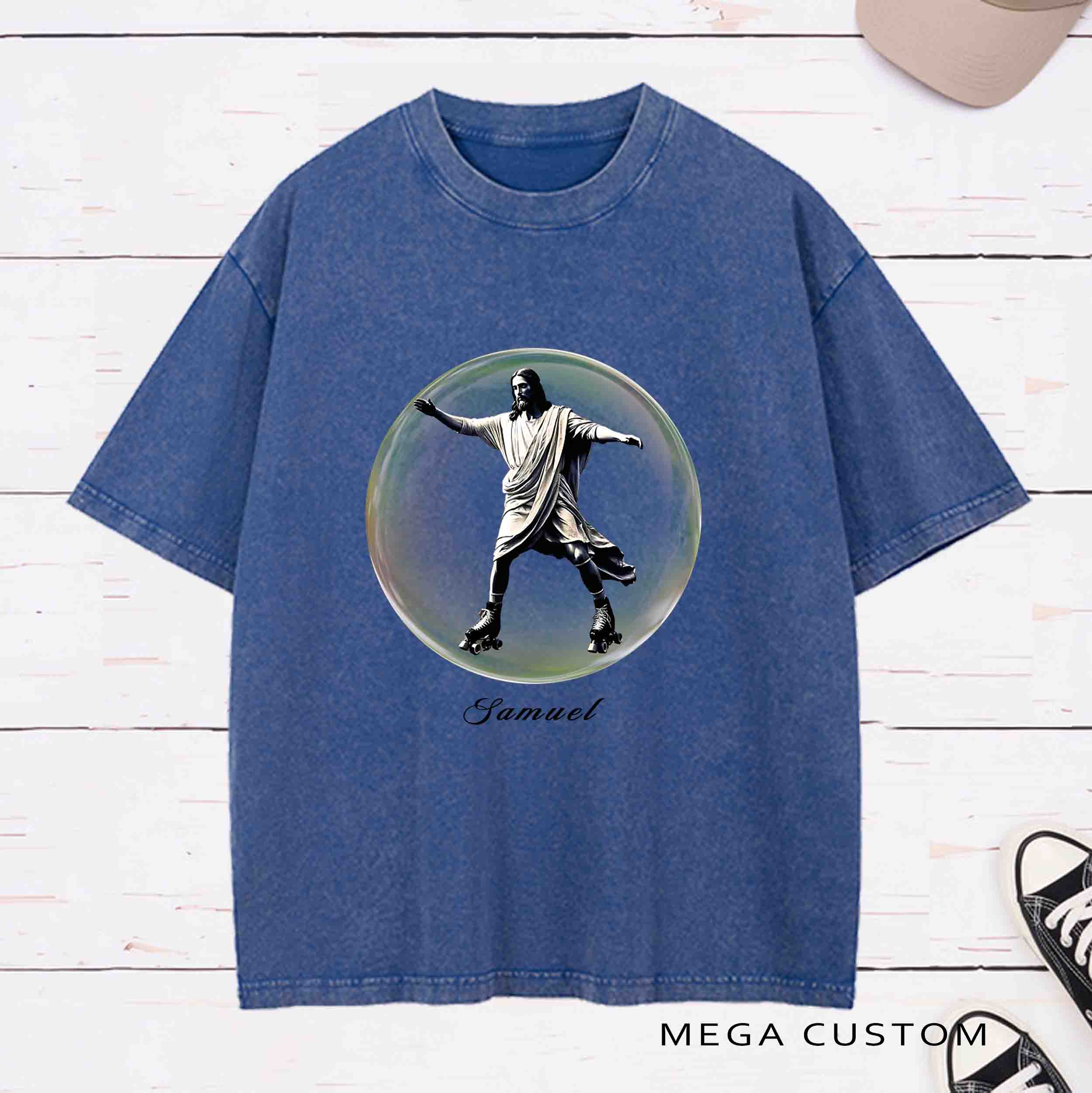 Personalized Character Jesus learning to rollerskate Washed T-Shirt with Name Birthday Easter Gift for Christian