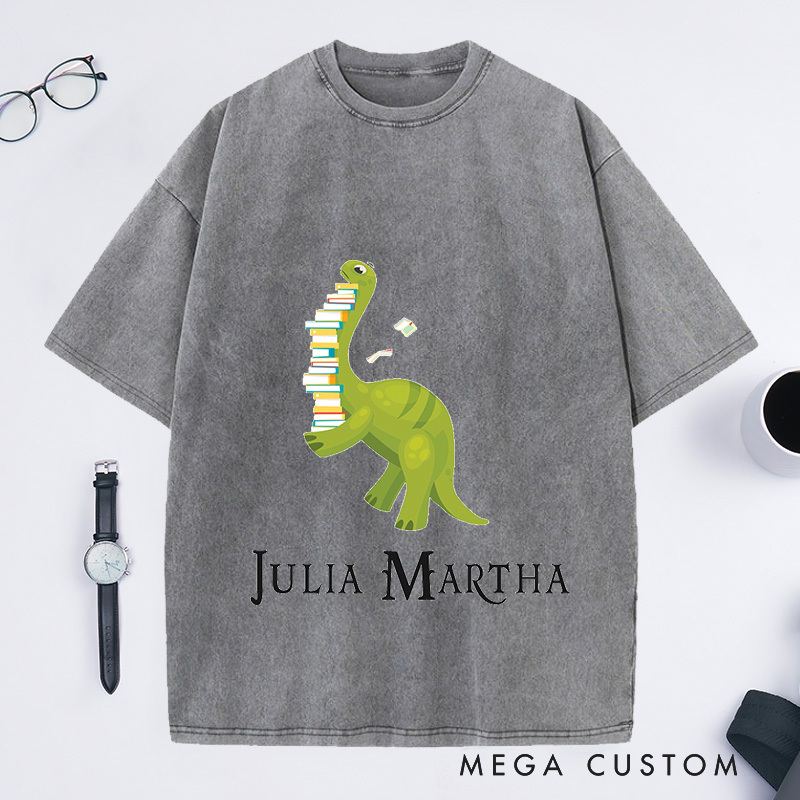 Personalized Dinosaur Reading Washed T-Shirts Book Lover Shirt Read T-Shirts Librarian Shirt Reader Reading Gift