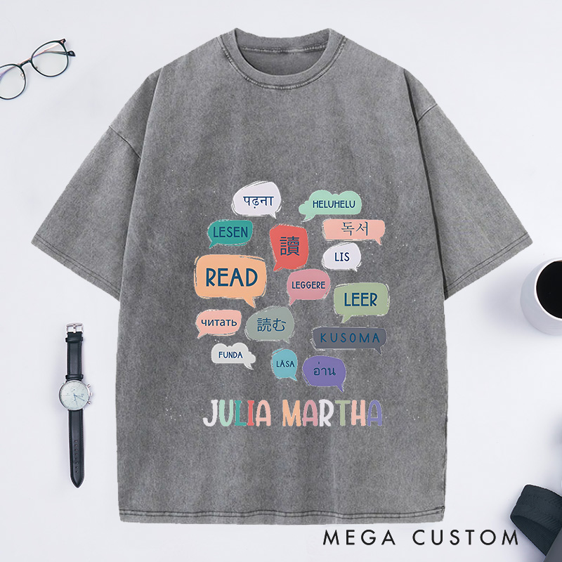 Personalized Reading World Languages Washed T-Shirts Library Professional Tee Book Lover Gift Reading Fans Shirt