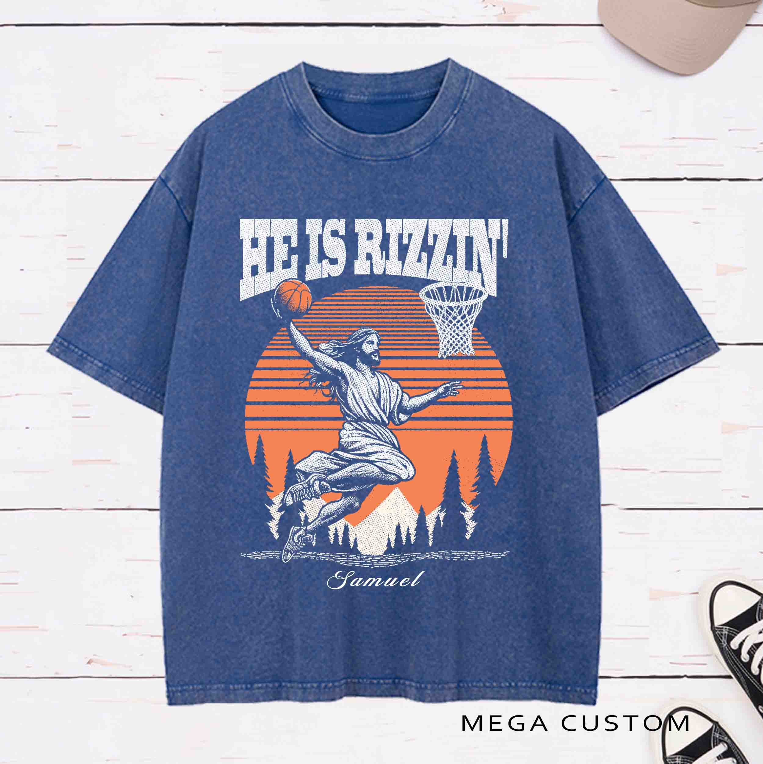 Personalized Character He Is Rizzen Jesus basketball Washed T-Shirt  with Name Birthday Easter Gift for Christian 