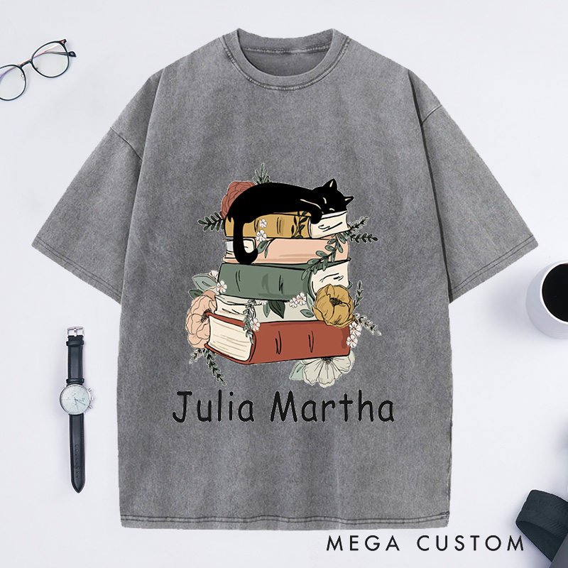 Personalized Books and Cats Washed T-Shirts Reading Shirt Cat Lover T-Shirt