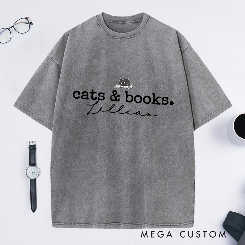 Personalized Cats and Books Washed T-Shirts Book Lover T-shirt Bookish Tee Reading T-Shirt Gift for Cat Lover