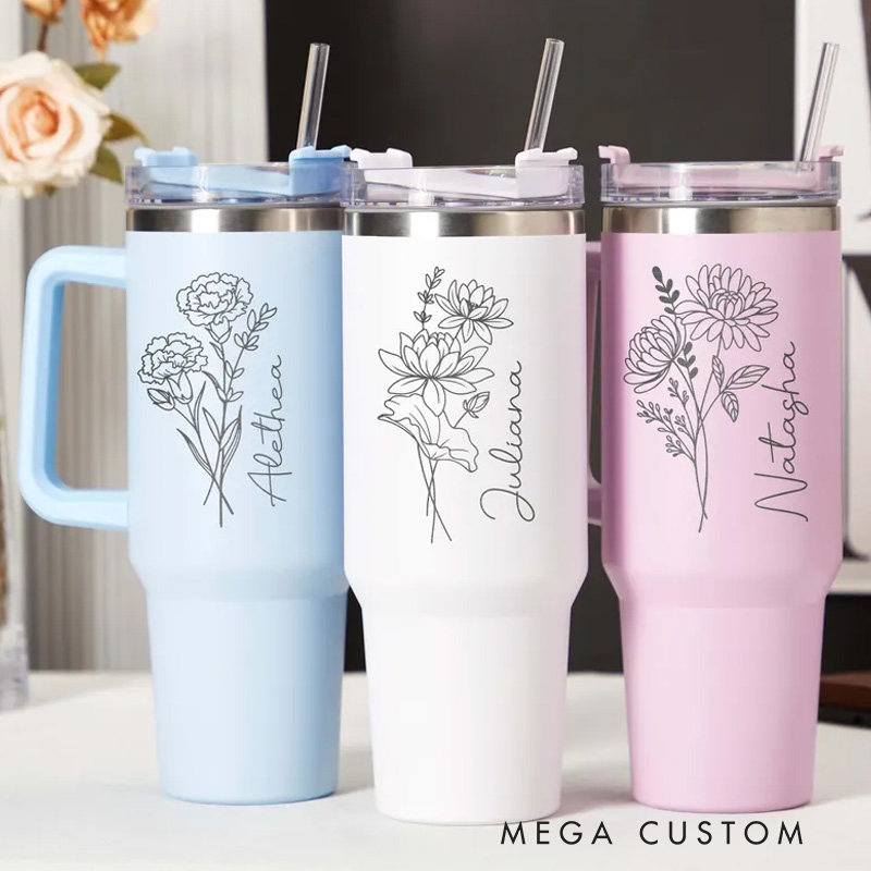 Personalized Tumbler with Birthflower Engraved Tumblers with Name Insulated Travel Mug Birthday Gifts for Her