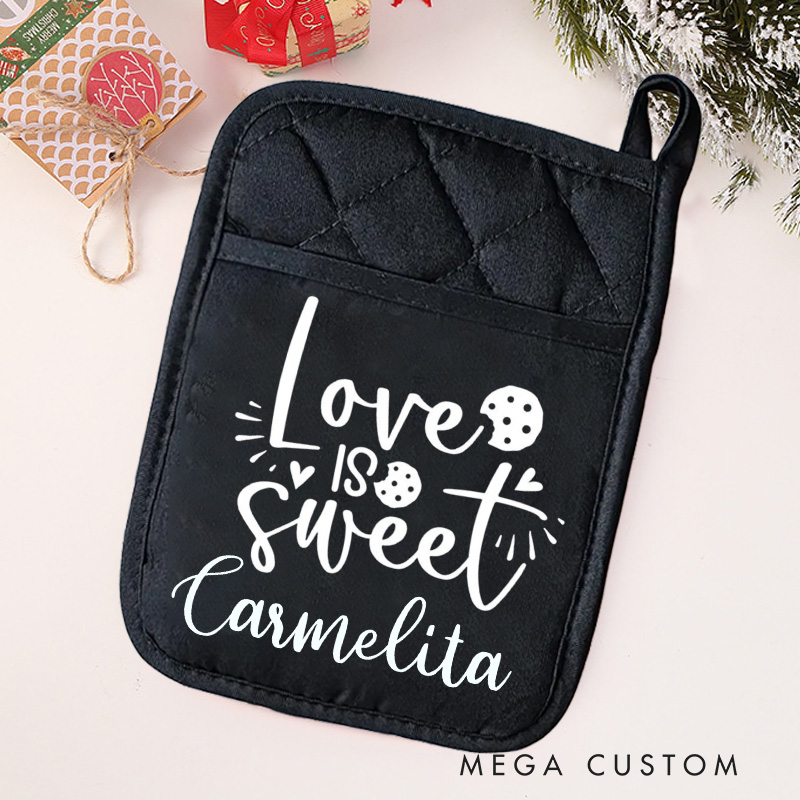 Personalized Love Is Sweet Pot Holders Custom Baking Potholder with Name Baking Lovers Gift for Baker Gift Christmas Gift
