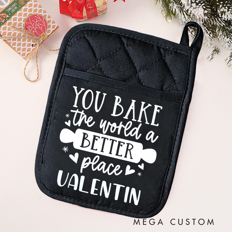 Personalized You Bake the World A Better Place Pot Holders Custom Rolling Pin Potholder with Name Baking Lover Gift for Baker Gift Christmas Gift