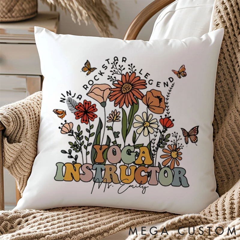 Personalized Yoga Pillows with Floral and Butterfly Design Custom Name Yoga Pillows Gift Idea for Yoga Instructor
