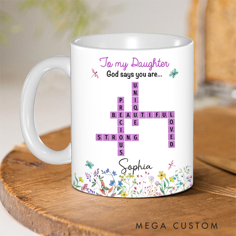 Personalized God Says You Are Crossword Art Ceramic Mug with Name Birthday Gift for Christian Positive Affirmation Religious Gift for Christian