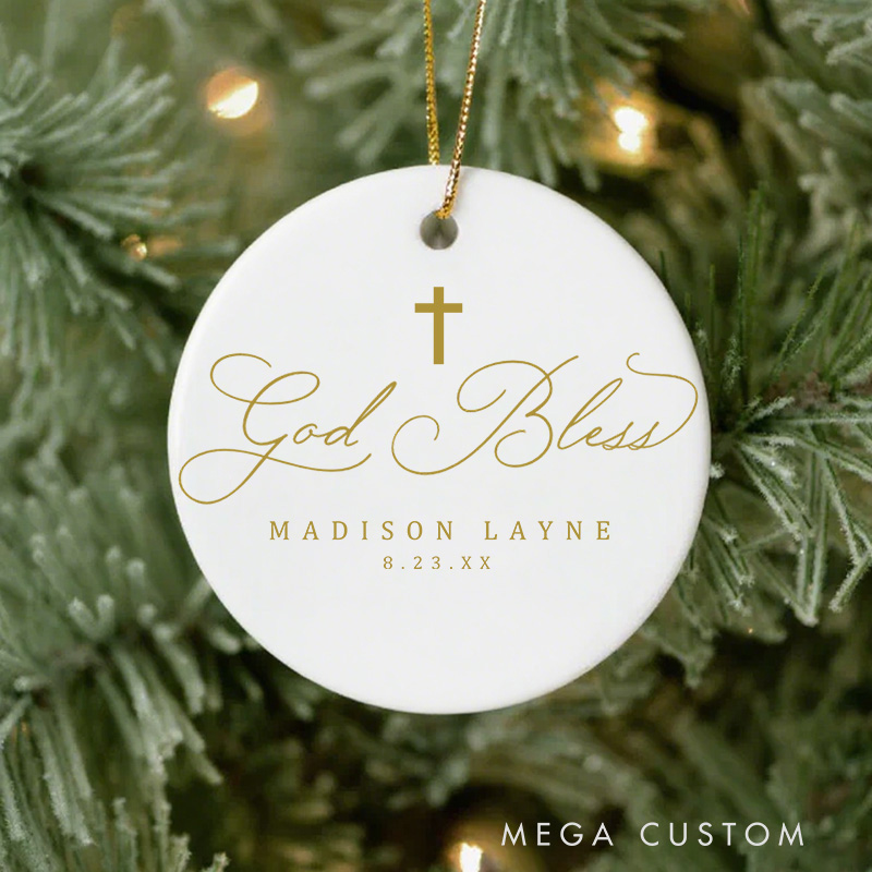 Personalized Gold God Bless Cross Ceramic Ornament with Name and Date Christmas Tree Decor Baptism First Communion Gift for Christians