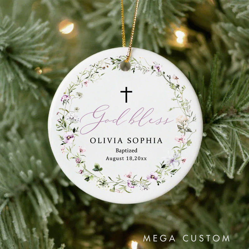 Personalized Purple Wildflower God Bless Cross Ceramic Ornament with Name and Date Christmas Tree Decor Baptism Gift for Girls
