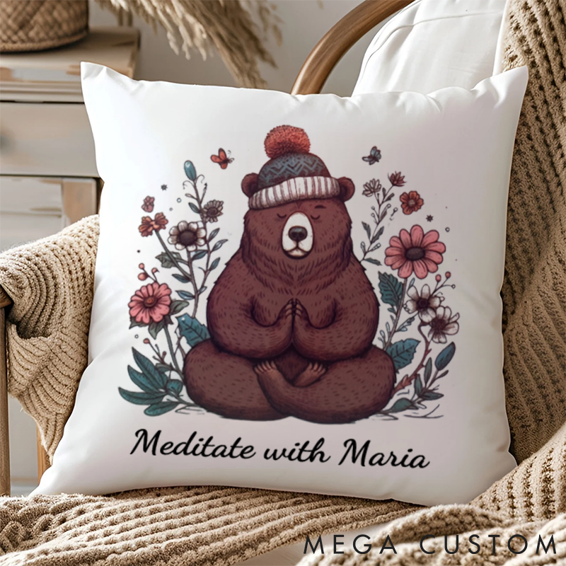 Personalized Meditation Bear Pillows with Floral Design Custom Name Yoga Pillows Gift Idea for Yoga Lovers and Mindfulness Enthusiasts