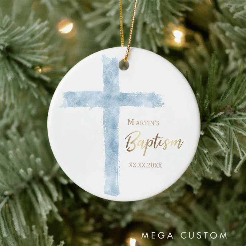 Personalized Modern Blue Watercolor Cross Ceramic Ornament with Name and Date Christian Gift Baptism Gift for Kids