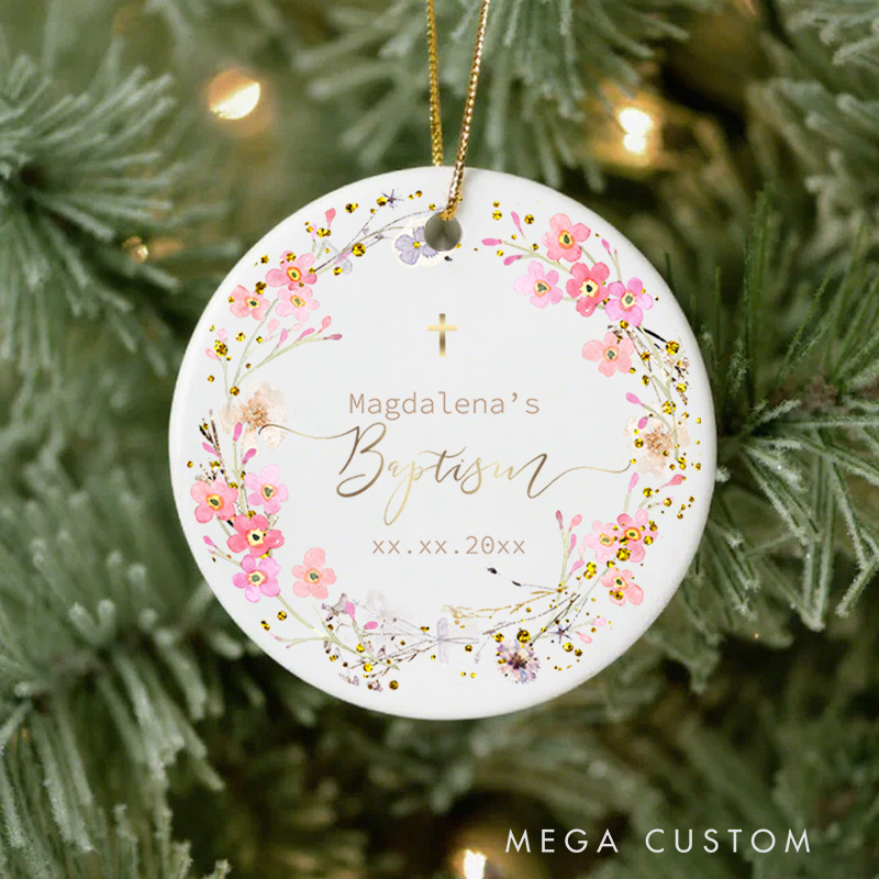 Personalized Flowers Wreath Cross Ceramic Ornament with Name and Date Christian Gift Baptism Gift for Girls