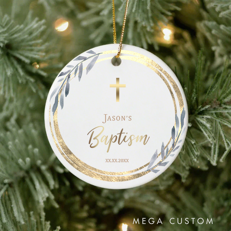 Personalized Dusty Blue Wreath Cross Ceramic Ornament with Name and Date Christian Gift Baptism Gift for Kids