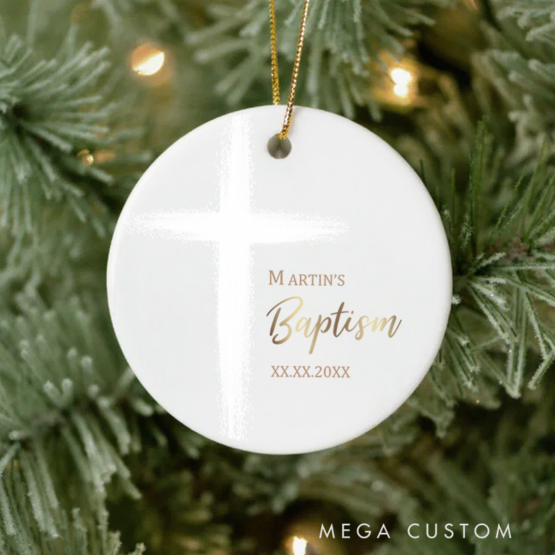 Personalized Modern White Watercolor Cross Ceramic Ornament with Name and Date Religious Gift Baptism Gift for Kids
