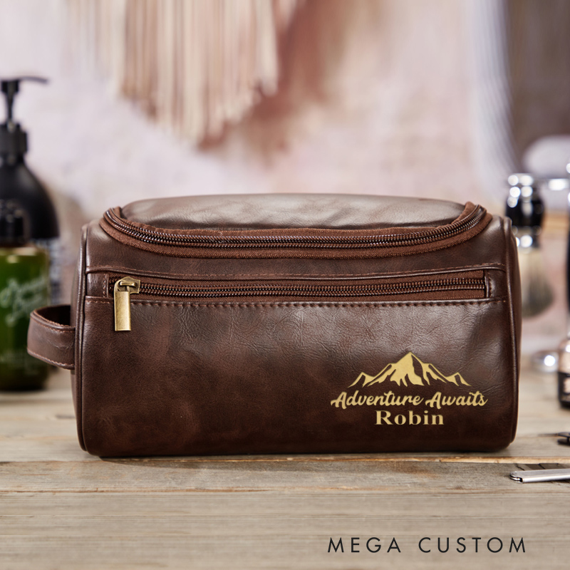 Personalized Adventure Awaits Toiletry Bag Leather Toiletry Bag for Traveling Lovers Cool Travel Gift