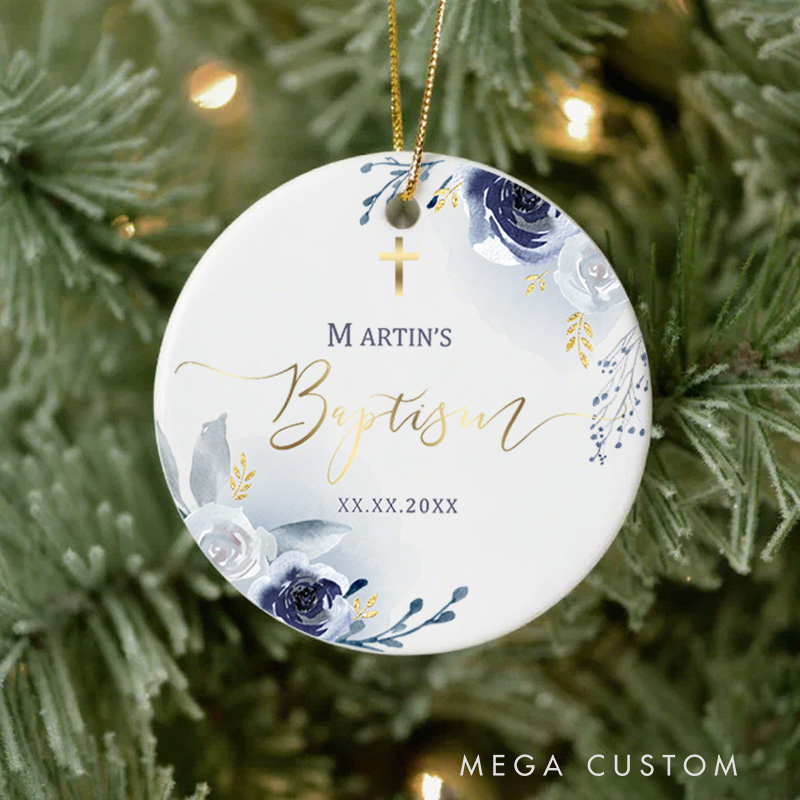 Personalized Blue Roses Cross Ceramic Ornament with Name and Date Religious Gift Baptism Gift for Girls