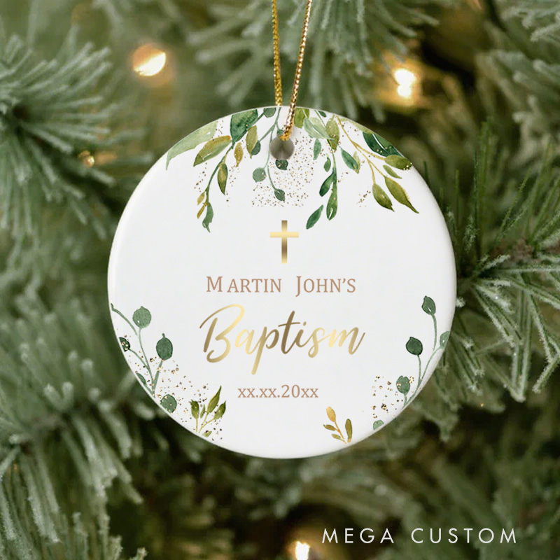 Personalized Rustic Greenery Cross Ceramic Ornament with Name and Date Religious Gift Baptism Gift for Kids