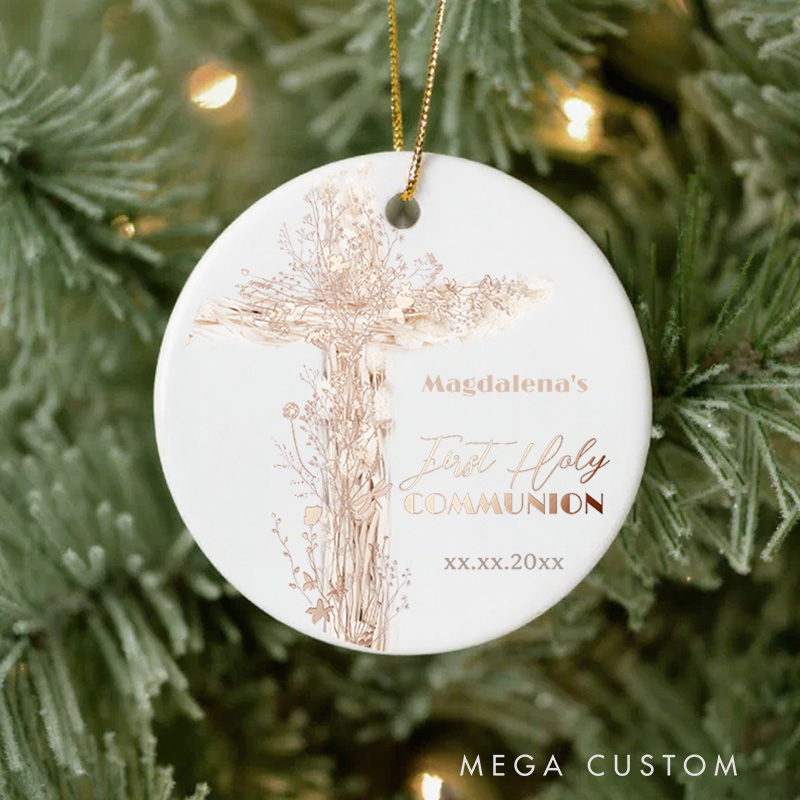 Personalized Dried Flowers and Grasses Cross Ceramic Ornament with Name and Date First Holy Communion Gift for Girls
