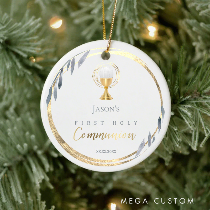 Personalized Blue Gray Wreath with Eucharistic Chalice Ceramic Ornament with Name and Date First Holy Communion Gift for Christians