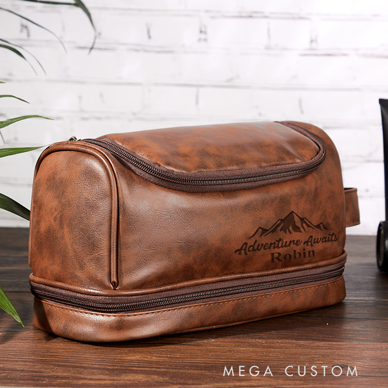 Personalized Adventure Awaits Toiletry Bag Leather Toiletry Bag Gift for Traveling Lovers Cool Travel Gift for Him