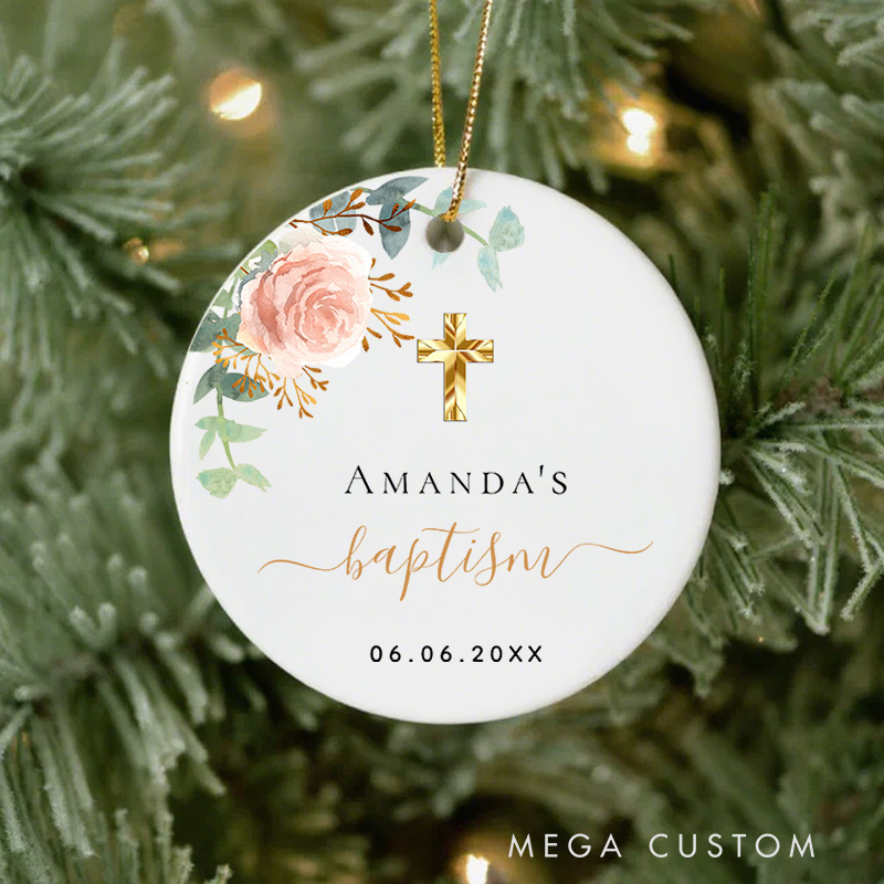 Personalized Eucalyptus Pink Floral with Cross Ceramic Ornament with Name and Date Religious Gift Baptism Gift for Girls