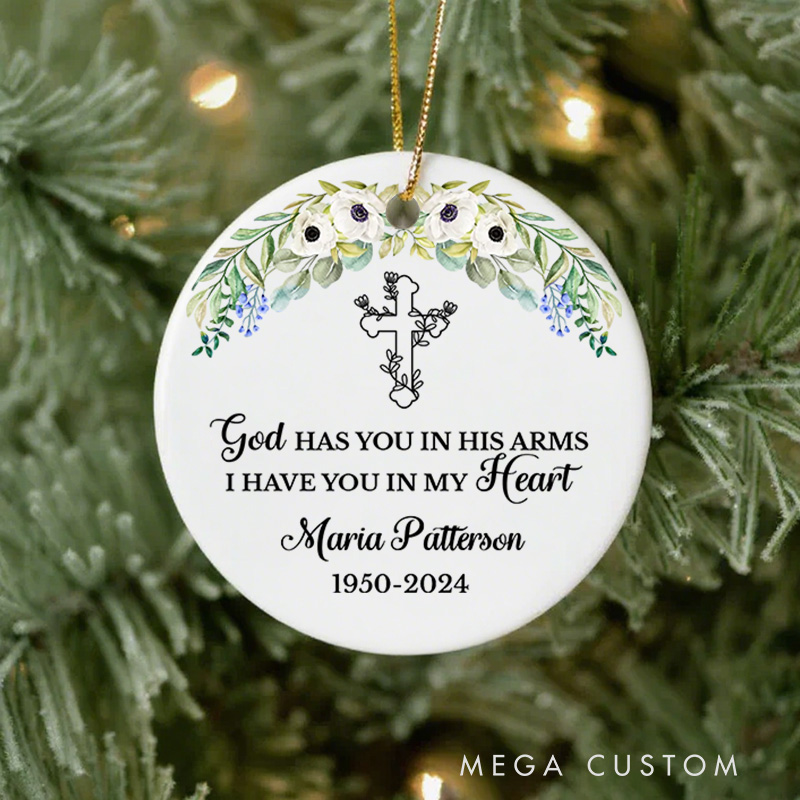 Personalized Floral Cross Ceramic Ornament with Name and Years Religious Memorial Gift for Christians