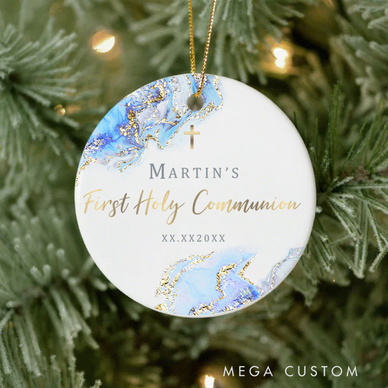 Personalized Blue Ink Marble with Cross Ceramic Ornament with Name and Date Religious Gift First Holy Communion Gift for Christians
