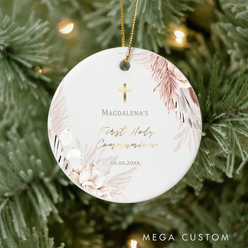 Personalized Boho Flowers with Cross Ceramic Ornament with Name and Date Religious Gift First Holy Communion Gift for Girls