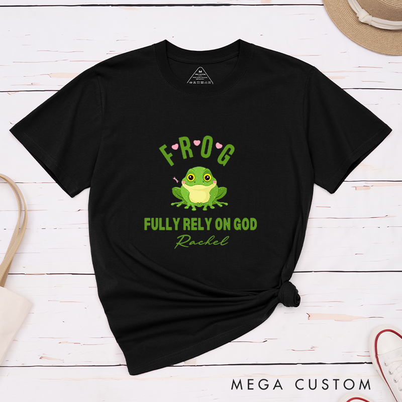 Personalized Frog Religious Fully Rely On God T-Shirt with Custom Name Christians Gift Birthday Gift Christian Apparel Gift for Jesus Lover 