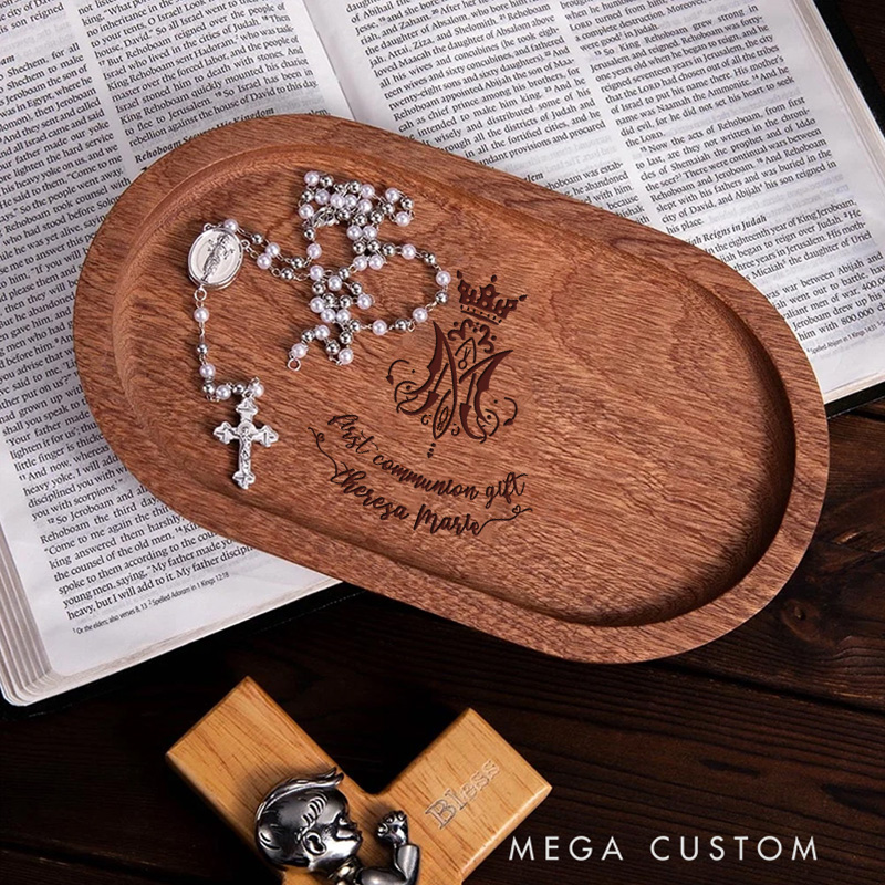 Personalized Marian Monogram Wooden Rosary Tray with Engraved Text Sacrament First Communion Gift Baptism Gift for Christian