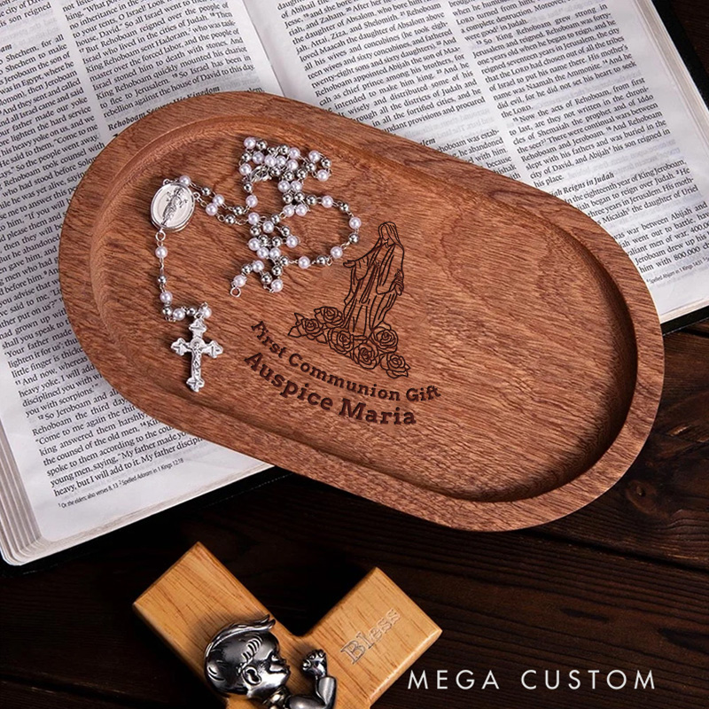 Personalized Mary with Roses Wooden Rosary Tray with Engraved Text Sacrament First Communion Gift Baptism Gift for Christian
