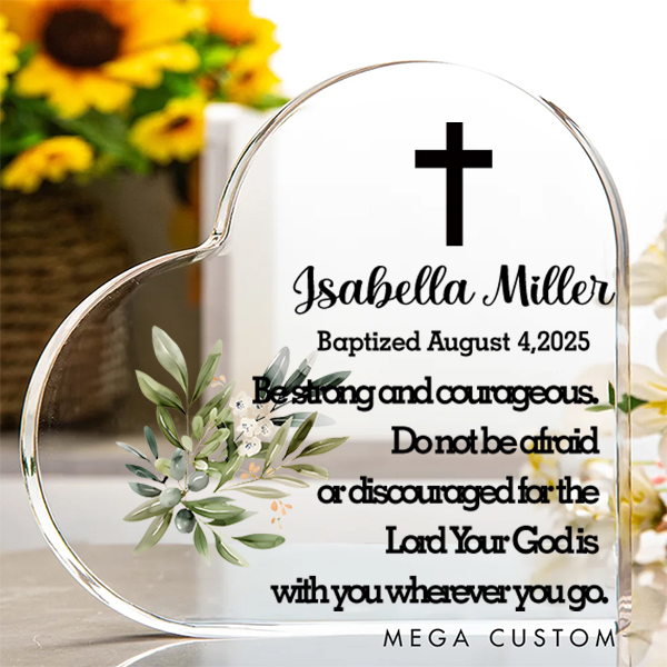 Personalized Olive Leaves Cross Heart-shaped Acrylic Plaque with Name and Text Communion Party Home Decor for Family Friend Christening Baptism Gift 