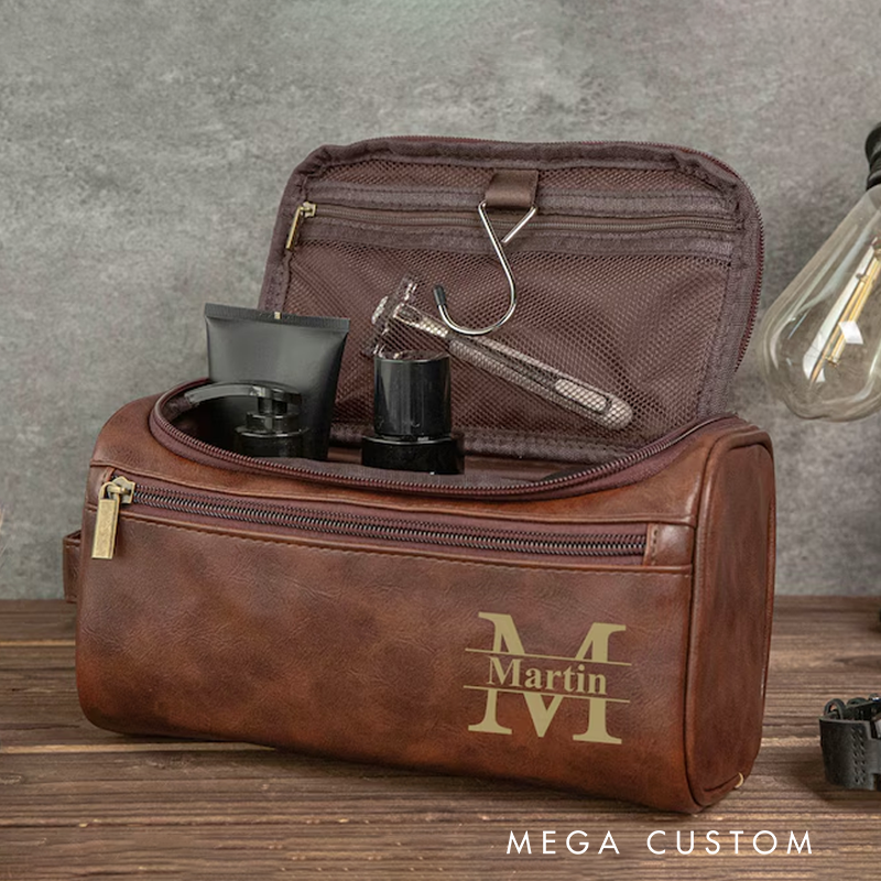 Personalized Men's Leather Toiletry Bag  Engraved Dopp Kit  Anniversary Gifts for Him