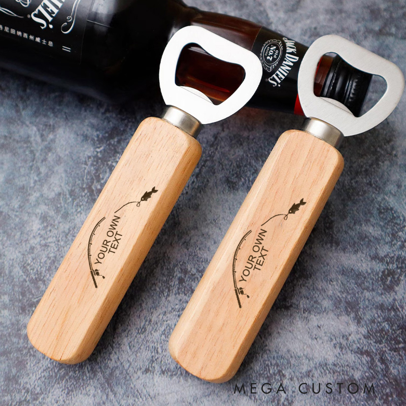 Personalized Wooden Bottle Opener with Engraved Fishing Rod Design Unique Gift for Beer and Fishing Enthusiasts