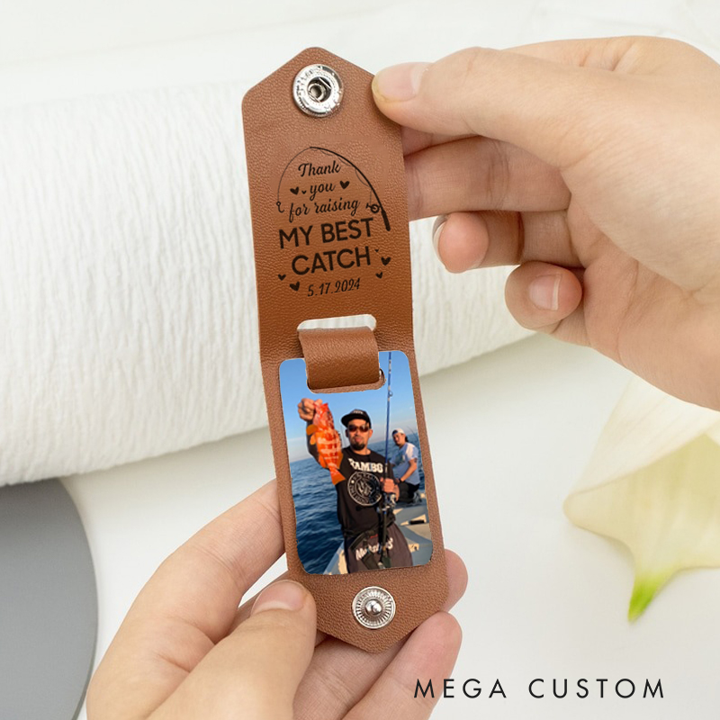 Personalized Leather Photo Keychain My Best Catch Key Chain Gift for Fishing Lover