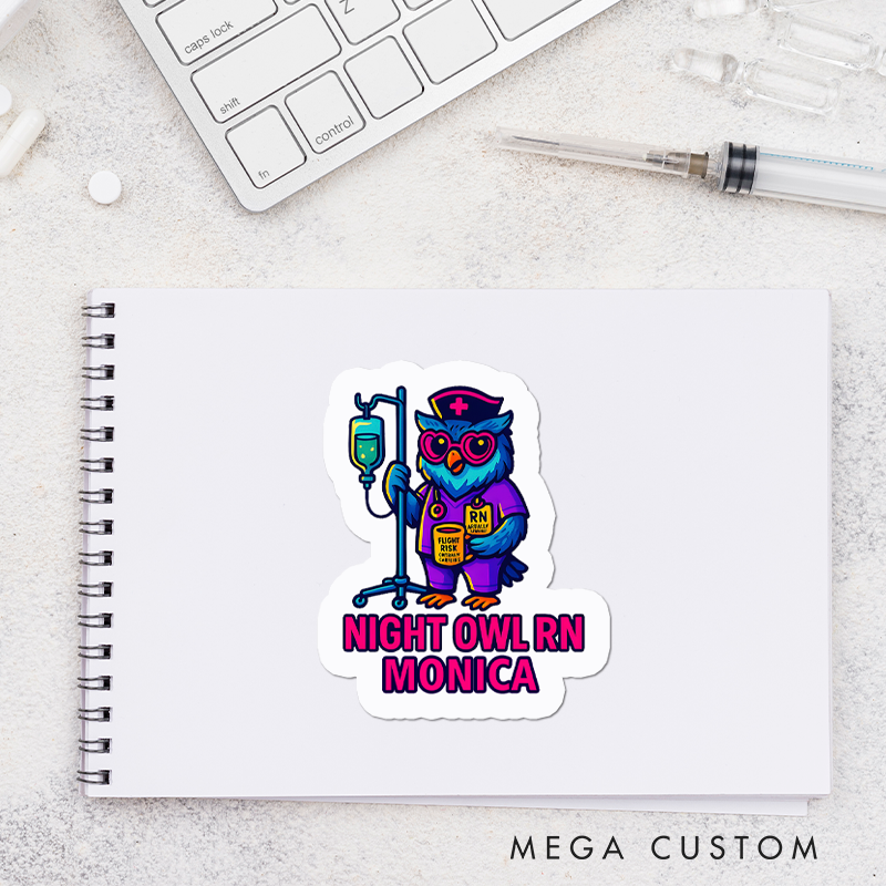Personalized Nurse Stickers Custom Night Owl RN Design Stickers Funny Nurse Sticker Vinyl Die Cut Sticker