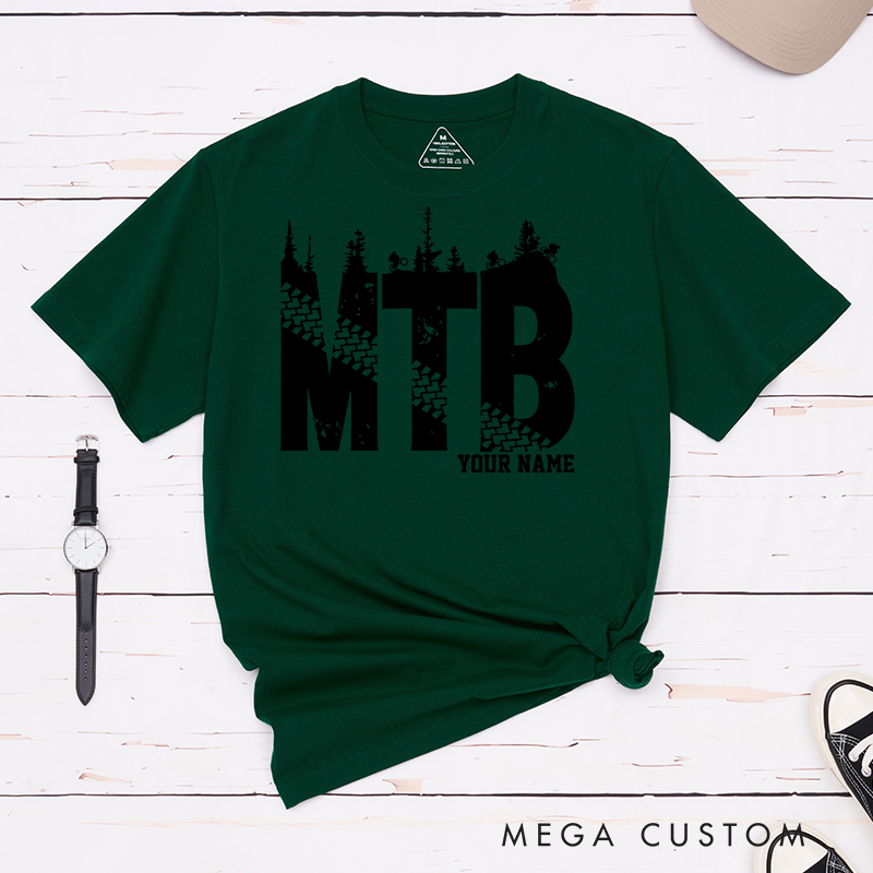 Personalized MTB Trail T-Shirt with Forest Silhouettes and Tire Tracks for Outdoor Adventures Riding Cycling Biking Enthusiasts