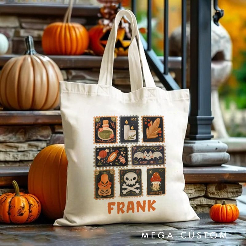 Personalised Autumn Stamps Canvas Tote Bag with Name Halloween Stamps Tote Trick or Treat Bag Ghouls Gift