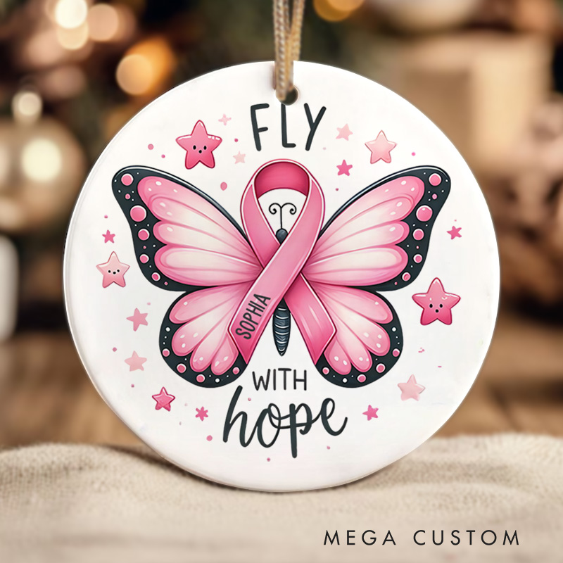 Personalized Fly With Hope Butterfly Pink Ribbon Breast Cancer Keepsake Christmas Ornament for Inspiration