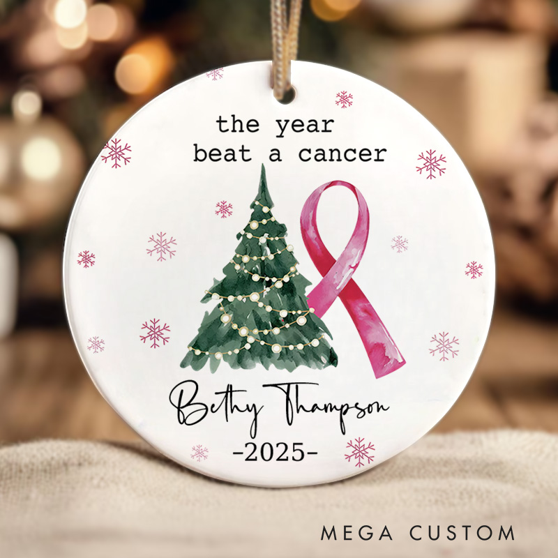 Personalized The Year I Beat Cancer Pink Ribbon Celebration Christmas Ornament for Survivors