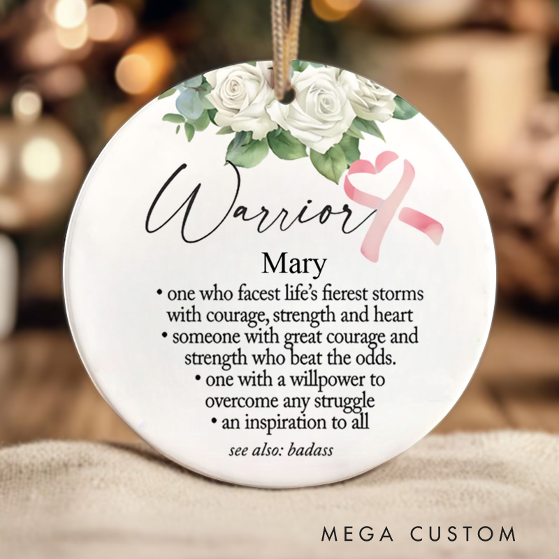 Personalized Warrior Strength Courage and Hope Pink Ribbon Christmas Ornament for Cancer Fighters